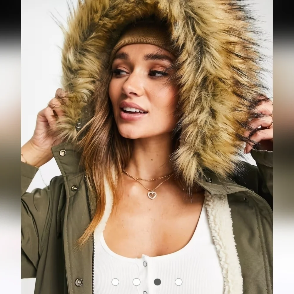 ASOS Parka Fur Trimmed Hood Utikity Medium Warmth Coat. Khaki/olive. Size 8